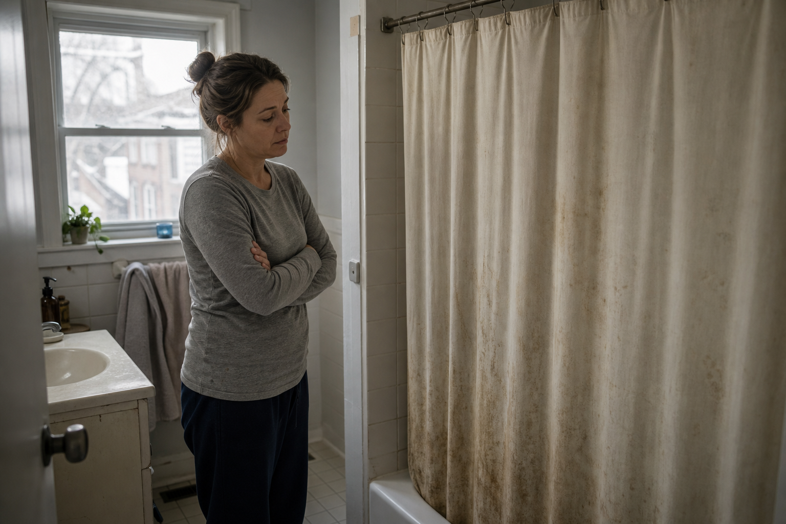 Homeowner disappointed with an old stained shower curtain