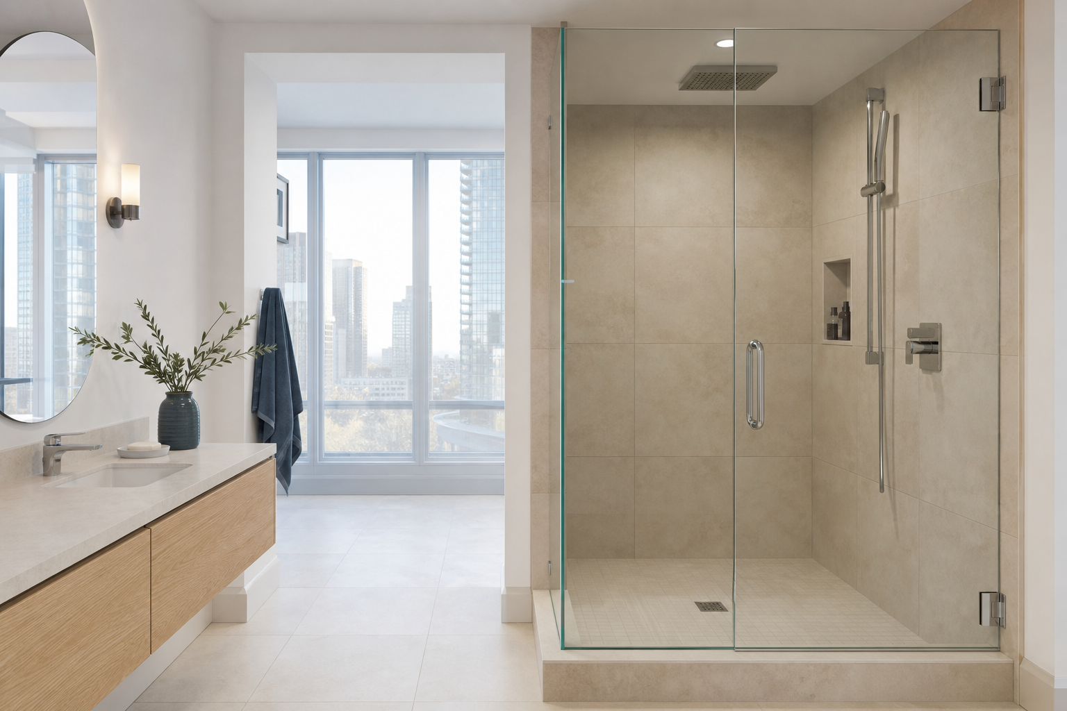 Custom frameless glass shower in a bright Toronto condo bathroom